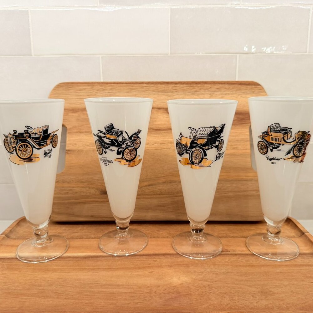 Set of 4 White Painted Pilsner‎ Car Glasses Buick Oldsmobile Cadillac Rambler
